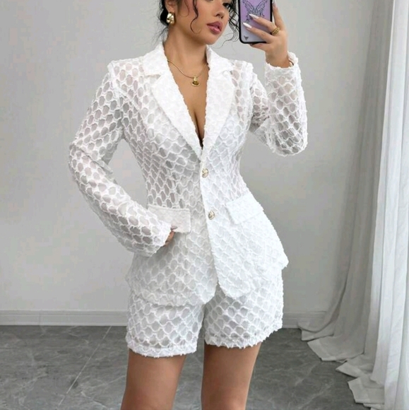 Plaid Jacquard Solid Color Casual Elegant Suit Jacket & Shorts Outfit - Picture 1 of 4